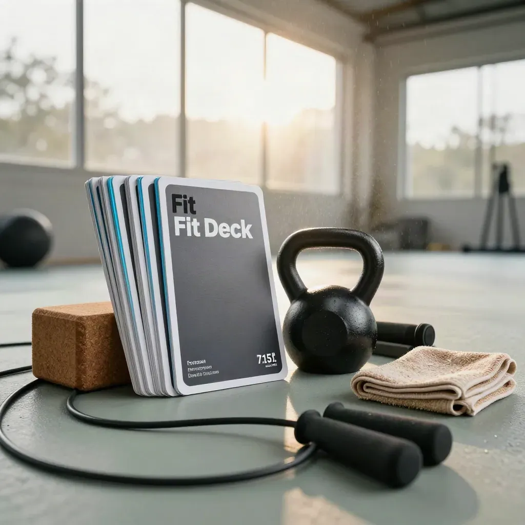 Fanned Fit Deck workout cards with kettlebell, band, block, towel and jump rope on a hazy floor