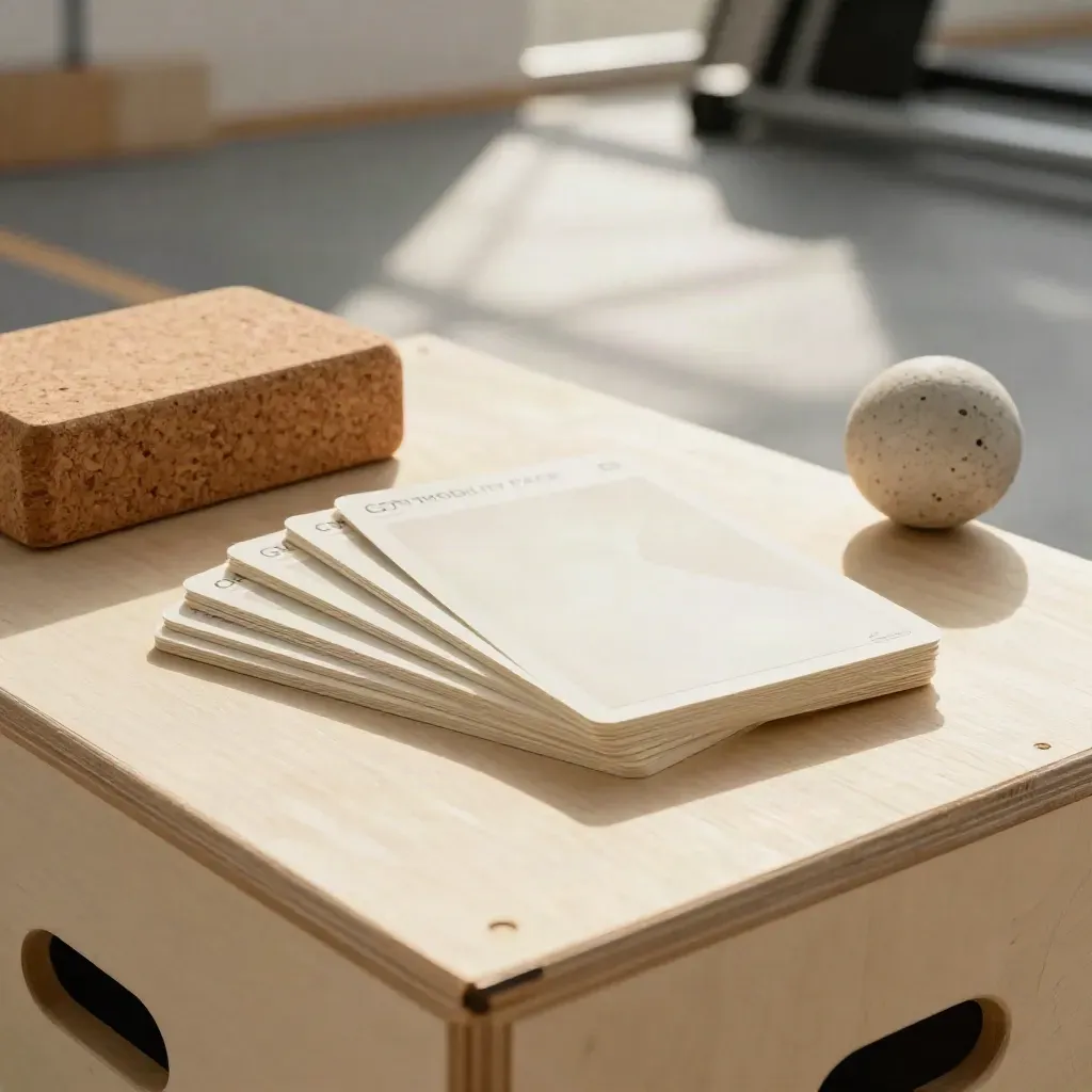 Mobility cards fanned beside a plyo box, cork block and lacrosse ball in sunlit gym dust