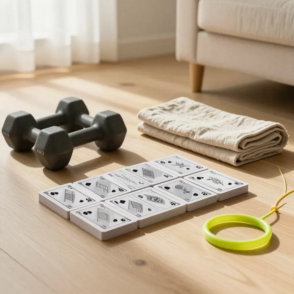 Starter deck, dumbbells, mat and towel on a pale wood living room floor with soft curtain light.