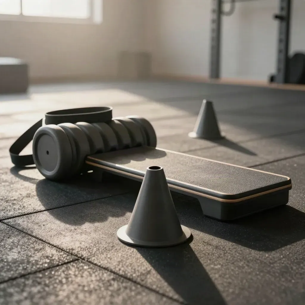 PT warm-up cards with minibands, foam roller and cones on a hazy gym floor at dawn.