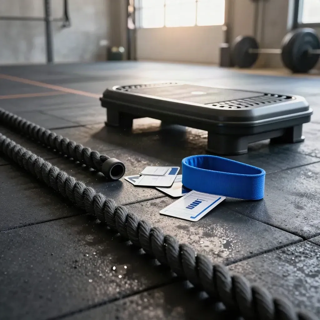 Workout cards, battle rope and blue interval band on garage gym tiles with sweat mist.