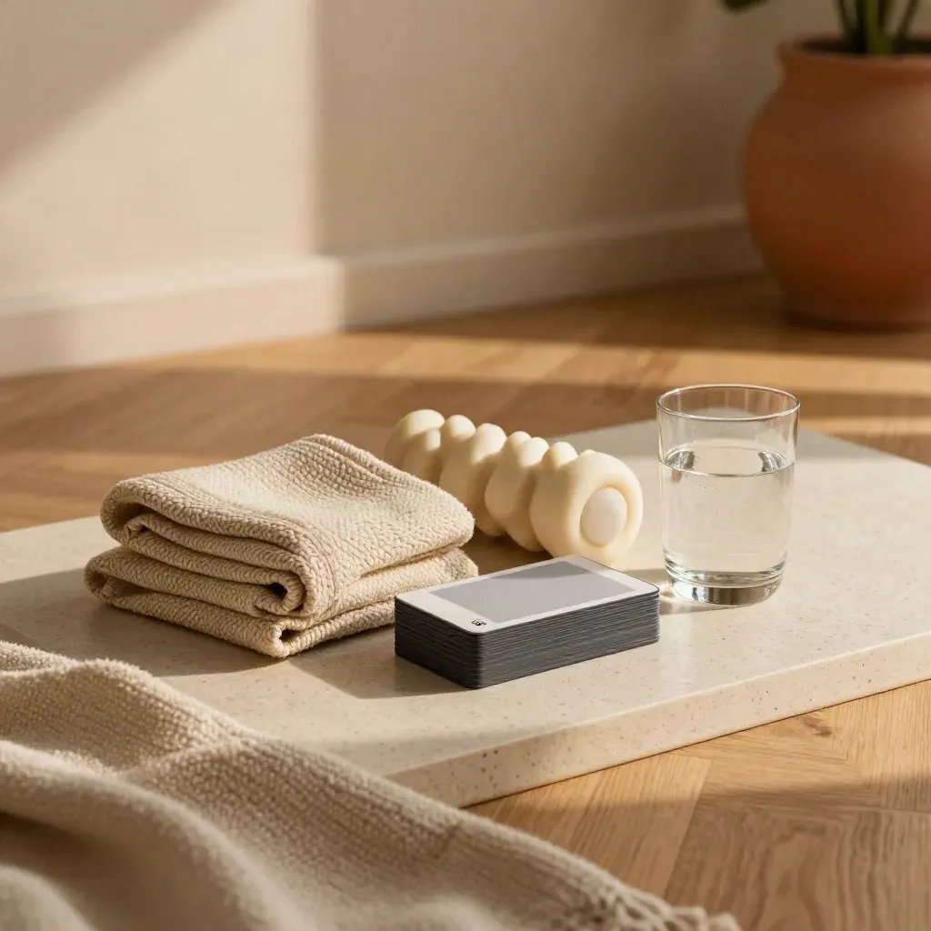 Cool-down cards beside a foam roller, folded blanket and water glass in a calm evening corner.