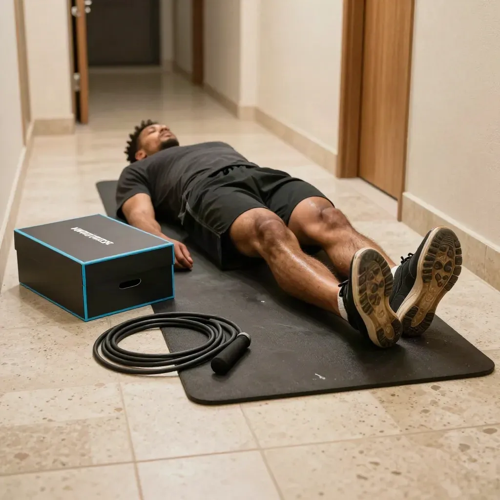Home HIIT Deck beside jump rope and trainers in a narrow hallway, low floor-level view.