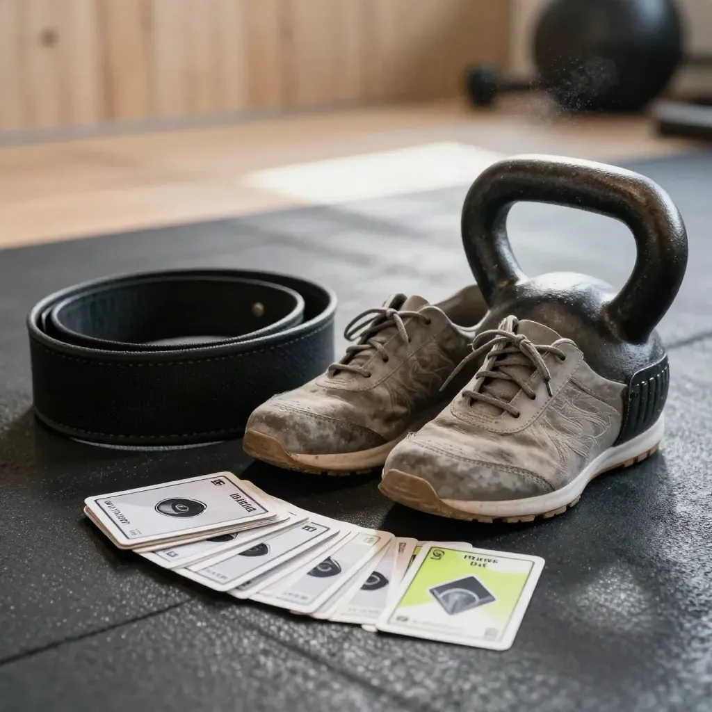 Low-angle gym still life with Fit Deck cards, squat shoes, belt, and kettlebell on a rubber floor.