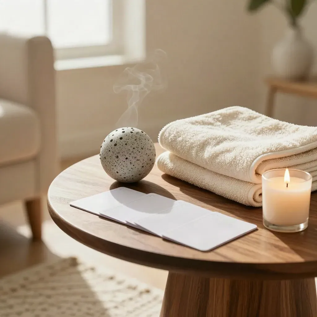 Recovery deck, massage ball, towel and candle on a walnut side table in warm window light.