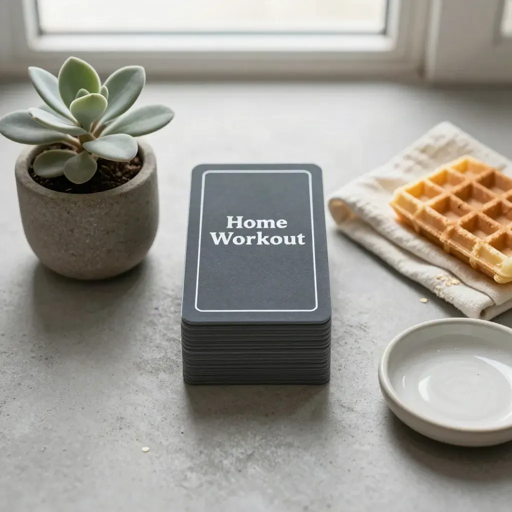 Overhead flatlay of a workout card deck with plant, cloth, and dish on stone